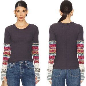 FREE PEOPLE All In Cuff Ribbed Longsleeve Top Mixed Media Sleeves Womens L Boho